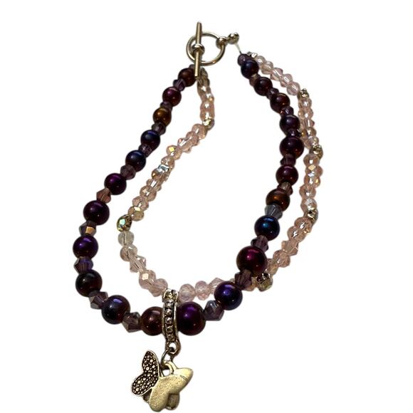 Handmade Butterfly Double Strand Pink Toggle Bracelet - Picture 2 of 5
